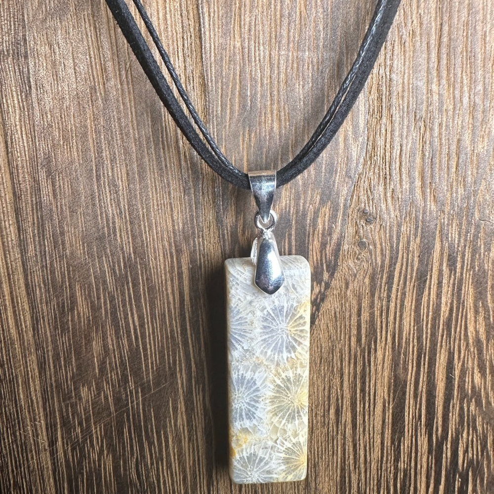 Coral Fossil Thin Rectangle Pendant Necklace on Black Rope - Picture 2 of 16